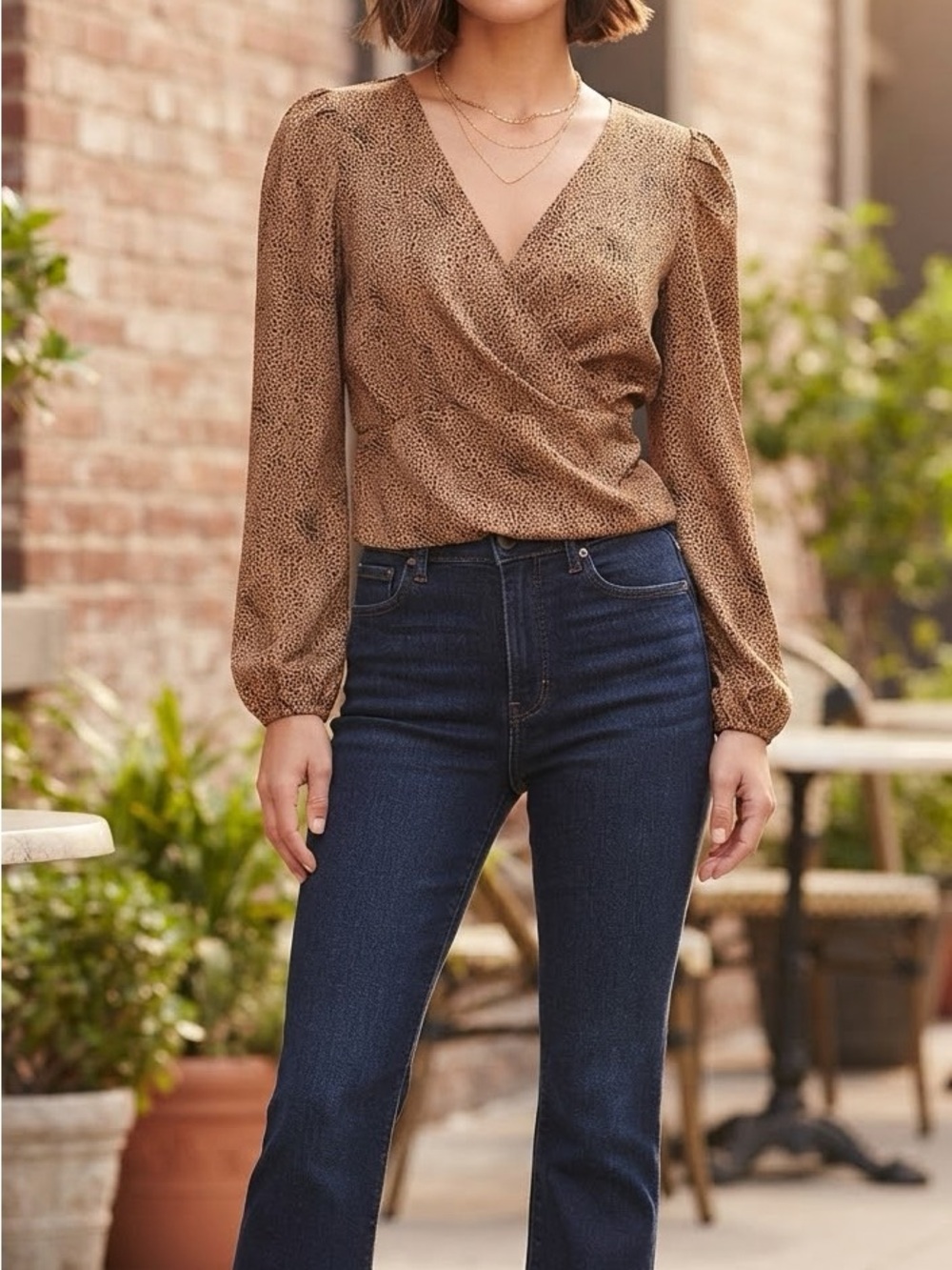 Sincerly Jules Brown Speckled Wrap Blouse